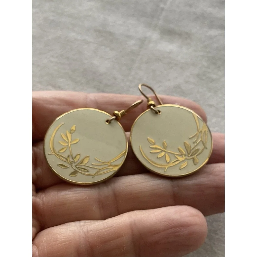 vintage Laurel Burch cloisonné floral dangle Disc earrings Gold Tone Enamel
